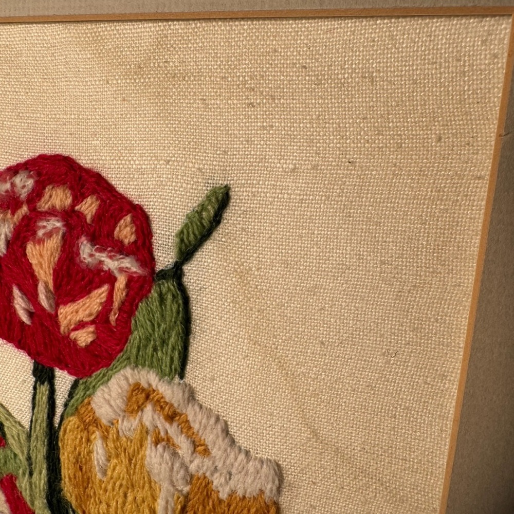 Vintage Crewel Embroidery Floral Wall Art Framed Tulips Hummingbird Matted - Picture 3 of 8